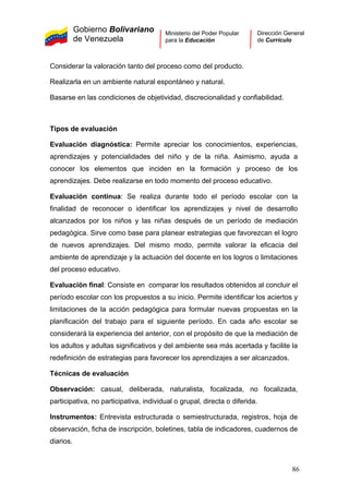 Gobierno Bolivariano
de Venezuela
Ministerio del Poder Popular
para la Educación
Dirección General
de Currículo
Considerar la valoración tanto del proceso como del producto.
Realizarla en un ambiente natural espontáneo y natural.
Basarse en las condiciones de objetividad, discrecionalidad y confiabilidad.
Tipos de evaluación
Evaluación diagnóstica: Permite apreciar los conocimientos, experiencias,
aprendizajes y potencialidades del niño y de la niña. Asimismo, ayuda a
conocer los elementos que inciden en la formación y proceso de los
aprendizajes. Debe realizarse en todo momento del proceso educativo.
Evaluación continua: Se realiza durante todo el período escolar con la
finalidad de reconocer o identificar los aprendizajes y nivel de desarrollo
alcanzados por los niños y las niñas después de un período de mediación
pedagógica. Sirve como base para planear estrategias que favorezcan el logro
de nuevos aprendizajes. Del mismo modo, permite valorar la eficacia del
ambiente de aprendizaje y la actuación del docente en los logros o limitaciones
del proceso educativo.
Evaluación final: Consiste en comparar los resultados obtenidos al concluir el
período escolar con los propuestos a su inicio. Permite identificar los aciertos y
limitaciones de la acción pedagógica para formular nuevas propuestas en la
planificación del trabajo para el siguiente período. En cada año escolar se
considerará la experiencia del anterior, con el propósito de que la mediación de
los adultos y adultas significativos y del ambiente sea más acertada y facilite la
redefinición de estrategias para favorecer los aprendizajes a ser alcanzados.
Técnicas de evaluación
Observación: casual, deliberada, naturalista, focalizada, no focalizada,
participativa, no participativa, individual o grupal, directa o diferida.
Instrumentos: Entrevista estructurada o semiestructurada, registros, hoja de
observación, ficha de inscripción, boletines, tabla de indicadores, cuadernos de
diarios.
86
 