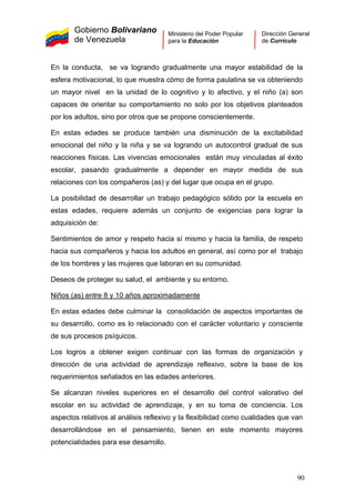 Gobierno Bolivariano
de Venezuela
Ministerio del Poder Popular
para la Educación
Dirección General
de Currículo
En la conducta, se va logrando gradualmente una mayor estabilidad de la
esfera motivacional, lo que muestra cómo de forma paulatina se va obteniendo
un mayor nivel en la unidad de lo cognitivo y lo afectivo, y el niño (a) son
capaces de orientar su comportamiento no solo por los objetivos planteados
por los adultos, sino por otros que se propone conscientemente.
En estas edades se produce también una disminución de la excitabilidad
emocional del niño y la niña y se va logrando un autocontrol gradual de sus
reacciones físicas. Las vivencias emocionales están muy vinculadas al éxito
escolar, pasando gradualmente a depender en mayor medida de sus
relaciones con los compañeros (as) y del lugar que ocupa en el grupo.
La posibilidad de desarrollar un trabajo pedagógico sólido por la escuela en
estas edades, requiere además un conjunto de exigencias para lograr la
adquisición de:
Sentimientos de amor y respeto hacia sí mismo y hacia la familia, de respeto
hacia sus compañeros y hacia los adultos en general, así como por el trabajo
de los hombres y las mujeres que laboran en su comunidad.
Deseos de proteger su salud, el ambiente y su entorno.
Niños (as) entre 8 y 10 años aproximadamente
En estas edades debe culminar la consolidación de aspectos importantes de
su desarrollo, como es lo relacionado con el carácter voluntario y consciente
de sus procesos psíquicos.
Los logros a obtener exigen continuar con las formas de organización y
dirección de una actividad de aprendizaje reflexivo, sobre la base de los
requerimientos señalados en las edades anteriores.
Se alcanzan niveles superiores en el desarrollo del control valorativo del
escolar en su actividad de aprendizaje, y en su toma de conciencia. Los
aspectos relativos al análisis reflexivo y la flexibilidad como cualidades que van
desarrollándose en el pensamiento, tienen en este momento mayores
potencialidades para ese desarrollo.
90
 