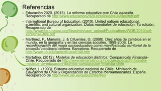 › Educación 2020. (2013). La reforma educativa que Chile necesita.
Recuperado de http://www.educacion2020.cl/sites/default/files/hdr.pdf
› International Bureau of Education. (2010). United nations educational,
scientific, and cultural organization. Datos mundiales de educación. 7a edición.
Recuperado de
http://www.ibe.unesco.org/fileadmin/user_upload/Publications/WDE/2010/pdf-
versions/Chile.pdf
› Martínez, P., Mansilla, J. & Cifuentes, G. (2008). Diez años de cambios en el
mundo, en la geografía y en las ciencias sociales, 1999-2008. La
reconfiguración del mapa socioeducativo como manifestación territorial de la
sociedad neoliberal chilena. Barcelona. Recuperado de
http://www.ub.edu/geocrit/-xcol/148.htm
› Martutino. (2012). Modelos de educación distintos: Comparación Finlandia-
Chile. Recuperado de http://www.elmartutino.cl/noticia/sociedad/infografia-
modelos-de-educacion-distintos-comparacion-finlandia-chile
› Nuñez, I. (1993). Sistema educativo nacional de Chile. Ministerio de
Educación de Chile y Organización de Estados Iberoamericanos. España.
Recuperado de http://www.oei.es/quipu/chile/#sis
Referencias
 
