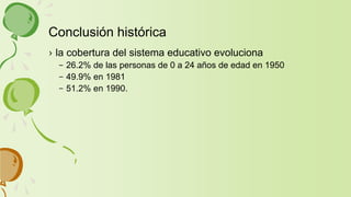 › la cobertura del sistema educativo evoluciona
– 26.2% de las personas de 0 a 24 años de edad en 1950
– 49.9% en 1981
– 51.2% en 1990.
Conclusión histórica
 