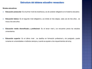 Niveles educativos:
 Educación preescolar: Es el primer nivel de enseñanza y es de carácter obligatorio en el sistema educativo.
 Educación básica: Es el segundo nivel obligatorio y se divide en tres etapas, cada una de tres años , se
inicia a los seis años.
 Educación media diversificada y profesional: Es el tercer nivel y se encuentra previa los estudios
universitarios.
 Educación superior: Es el último nivel , se clasifica en formación profesional y de postgrado, puede
cursarse en universidades e institutos siempre y cuando se ajusten a los requerimientos de la ley.
 