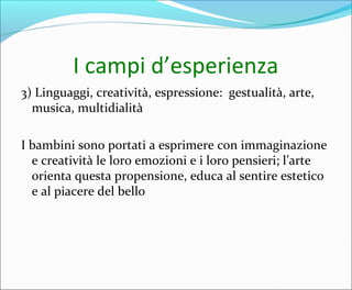 I campi d’esperienza
3) Linguaggi, creatività, espressione: gestualità, arte,
musica, multidialità
I bambini sono portati a esprimere con immaginazione
e creatività le loro emozioni e i loro pensieri; l’arte
orienta questa propensione, educa al sentire estetico
e al piacere del bello
 