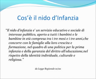 Cos’è il nido d’Infanzia
“Il nido d'infanzia e' un servizio educativo e sociale di
interesse pubblico, aperto a tutti i bambini e le
bambine in età compresa tra i tre mesi e i tre anni,che
concorre con le famiglie alla loro crescita e
formazione, nel quadro di una politica per la prima
infanzia e della garanzia del diritto all'educazione,nel
rispetto della identità individuale, culturale e
religiosa.”
da Legge Regionale 01/00
 