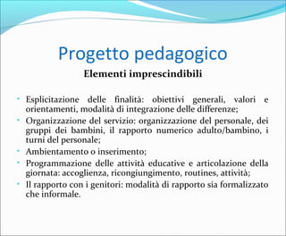 Progetto pedagogico
Elementi imprescindibili
• Esplicitazione delle finalità: obiettivi generali, valori e
orientamenti, modalità di integrazione delle differenze;
• Organizzazione del servizio: organizzazione del personale, dei
gruppi dei bambini, il rapporto numerico adulto/bambino, i
turni del personale;
• Ambientamento o inserimento;
• Programmazione delle attività educative e articolazione della
giornata: accoglienza, ricongiungimento, routines, attività;
• Il rapporto con i genitori: modalità di rapporto sia formalizzato
che informale.
 