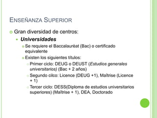 Enseñanza SuperiorGran diversidad de centros:UniversidadesSe requiere el Baccalaurèat (Bac) o certificado equivalenteExisten los siguientes títulos:Primer ciclo: DEUG o DEUST (Estudios generales universitarios) (Bac + 2 años)Segundo cilco: Licence (DEUG +1), Maîtrise (Licence + 1)Tercer ciclo: DESS(Diploma de estudios universitarios superiores) (Maîtrise + 1), DEA, Doctorado