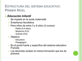 Estructura del sistema educativo: Primer NivelEducación InfantilSe imparte en la ecolematernelleEnseñanza facultativaPara niños de entre 3 y 6 años (3 cursos):Petite (3-4 años)Moyenne (4-5)Grande (5-6)Objetivo:EducativoPedagógicoEs el punto fuerte y específico del sistema educativo FrancésLos docentes reciben la misma formación que los de primaria