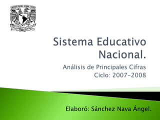 Sistema Educativo Nacional. Análisis de Principales Cifras Ciclo: 2007-2008 Elaboró: Sánchez Nava Ángel. 