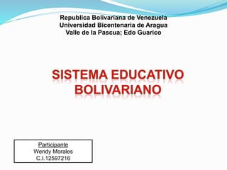 Republica Bolivariana de Venezuela
Universidad Bicentenaria de Aragua
Valle de la Pascua; Edo Guarico
Participante
Wendy Morales
C.I.12597216
 