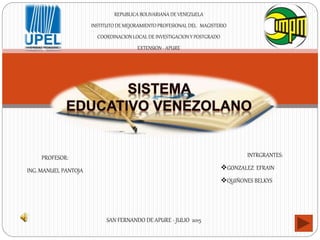 REPUBLICA BOLIVARIANA DE VENEZUELA
INSTITUTO DE MEJORAMIENTO PROFESIONAL DEL MAGISTERIO
COORDINACION LOCAL DE INVESTIGACION Y POSTGRADO
EXTENSION - APURE
INTRGRANTES:
GONZALEZ EFRAIN
QUIÑONES BELKYS
PROFESOR:
ING. MANUEL PANTOJA
SAN FERNANDO DE APURE - JULIO 2015
 
