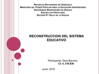 REPUBLICA BOLIVARIANA DE VENEZUELA
MINISTERIO DEL PODER POPULAR PARA LA EDUCACIÓN UNIVERSITARIA
UNIVERSIDAD BICENTENARIA DE ARAGUA
ESCUELA DE PSICOLOGÍA
SECCIÓN P1 VALLE DE LA PASCUA
Participante: Zaira Barroso.
CI: 4. 218.836
Junio, 2018
RECONSTRUCCION DEL SISTEMA
EDUCATIVO
 