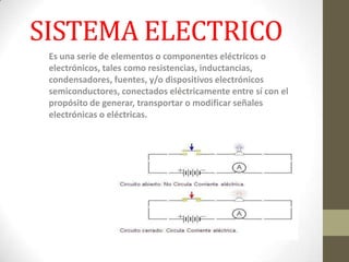SISTEMA ELECTRICO
Es una serie de elementos o componentes eléctricos o
electrónicos, tales como resistencias, inductancias,
condensadores, fuentes, y/o dispositivos electrónicos
semiconductores, conectados eléctricamente entre sí con el
propósito de generar, transportar o modificar señales
electrónicas o eléctricas.
 
