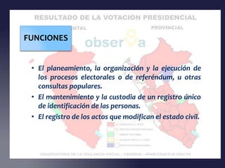 • El planeamiento, la organización y la ejecución de
los procesos electorales o de referéndum, u otras
consultas populares.
• El mantenimiento y la custodia de un registro único
de identificación de las personas.
• El registro de los actos que modifican el estado civil.
FUNCIONES
 