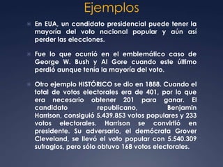 Ejemplos
 En EUA, un candidato presidencial puede tener la
  mayoría del voto nacional popular y aún así
  perder las elecciones.

 Fue lo que ocurrió en el emblemático caso de
  George W. Bush y Al Gore cuando este último
  perdió aunque tenía la mayoría del voto.

 Otro ejemplo HISTÓRICO se dio en 1888. Cuando el
  total de votos electorales era de 401, por lo que
  era necesario obtener 201 para ganar. El
  candidato            republicano,         Benjamin
  Harrison, consiguió 5.439.853 votos populares y 233
  votos electorales. Harrison se convirtió en
  presidente. Su adversario, el demócrata Grover
  Cleveland, se llevó el voto popular con 5.540.309
  sufragios, pero sólo obtuvo 168 votos electorales.
 