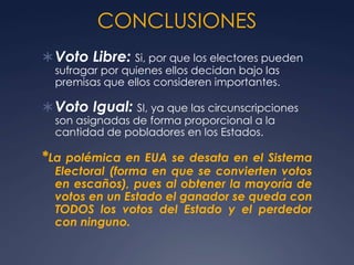 CONCLUSIONES
 Voto Libre: Si, por que los electores pueden
  sufragar por quienes ellos decidan bajo las
  premisas que ellos consideren importantes.

 Voto Igual: SI, ya que las circunscripciones
  son asignadas de forma proporcional a la
  cantidad de pobladores en los Estados.

*La polémica en EUA se desata en el Sistema
  Electoral (forma en que se convierten votos
  en escaños), pues al obtener la mayoría de
  votos en un Estado el ganador se queda con
  TODOS los votos del Estado y el perdedor
  con ninguno.
 