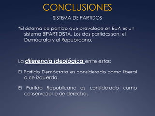 CONCLUSIONES
              SISTEMA DE PARTIDOS

*El sistema de partido que prevalece en EUA es un
   sistema BIPARTIDISTA. Los dos partidos son: el
   Demócrata y el Republicano.



La diferencia ideológica entre estos:

El Partido Demócrata es considerado como liberal
   o de izquierda.

El Partido Republicano es considerado como
   conservador o de derecha.
 