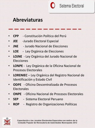 Abreviaturas
• CPP - Constitución Política del Perú
• JEE -Jurado Electoral Especial
• JNE - Jurado Nacional de Elecciones
• LOE - Ley Orgánica de Elecciones
• LOJNE - Ley Orgánica del Jurado Nacional de
Elecciones
• LONPE - Ley Orgánica de la Oficina Nacional de
Procesos Electorales
• LORENIEC – Ley Orgánica del Registro Nacional de
Identificación y Estado Civil
• ODPE - Oficina Descentralizada de Procesos
Electorales
• ONPE - Oficina Nacional de Procesos Electorales
• SEP - Sistema Electoral Peruano
• ROP - Registro de Organizaciones Políticas
 