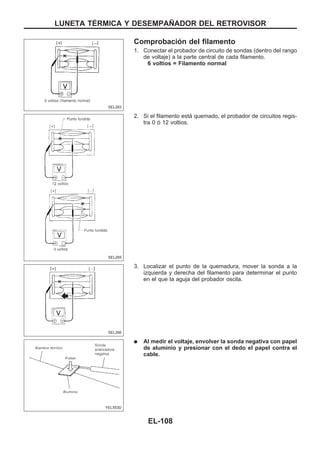 Comprobación del filamento
1. Conectar el probador de circuito de sondas (dentro del rango
de voltaje) a la parte central de cada filamento.
6 voltios = Filamento normal
2. Si el filamento está quemado, el probador de circuitos regis-
tra 0 ó 12 voltios.
3. Localizar el punto de la quemadura, mover la sonda a la
izquierda y derecha del filamento para determinar el punto
en el que la aguja del probador oscila.
q Al medir el voltaje, envolver la sonda negativa con papel
de aluminio y presionar con el dedo el papel contra el
cable.
SEL263
SEL265
SEL266
YEL553D
LUNETA TEuRMICA Y DESEMPAÑADOR DEL RETROVISOR
EL-108
 