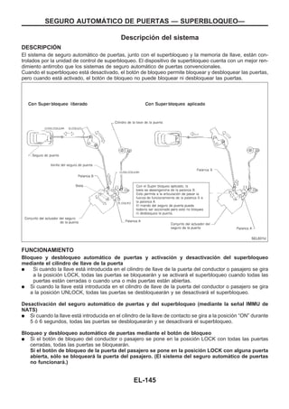Descripción del sistema
DESCRIPCIOuN
El sistema de seguro automático de puertas, junto con el superbloqueo y la memoria de llave, están con-
trolados por la unidad de control de superbloqueo. El dispositivo de superbloqueo cuenta con un mejor ren-
dimiento antirrobo que los sistemas de seguro automático de puertas convencionales.
Cuando el superbloqueo está desactivado, el botón de bloqueo permite bloquear y desbloquear las puertas,
pero cuando está activado, el botón de bloqueo no puede bloquear ni desbloquear las puertas.
FUNCIONAMIENTO
Bloqueo y desbloqueo automático de puertas y activación y desactivación del superbloqueo
mediante el cilindro de llave de la puerta
q Si cuando la llave está introducida en el cilindro de llave de la puerta del conductor o pasajero se gira
a la posición LOCK, todas las puertas se bloquearán y se activará el superbloqueo cuando todas las
puertas están cerradas o cuando una o más puertas están abiertas.
q Si cuando la llave está introducida en el cilindro de llave de la puerta del conductor o pasajero se gira
a la posición UNLOCK, todas las puertas se desbloquearán y se desactivará el superbloqueo.
Desactivación del seguro automático de puertas y del superbloqueo (mediante la señal IMMU de
NATS)
q Si cuando la llave está introducida en el cilindro de la llave de contacto se gira a la posición “ON” durante
5 ó 6 segundos, todas las puertas se desbloquearán y se desactivará el superbloqueo.
Bloqueo y desbloqueo automático de puertas mediante el botón de bloqueo
q Si el botón de bloqueo del conductor o pasajero se pone en la posición LOCK con todas las puertas
cerradas, todas las puertas se bloquearán.
Si el botón de bloqueo de la puerta del pasajero se pone en la posición LOCK con alguna puerta
abierta, sólo se bloqueará la puerta del pasajero. (El sistema del seguro automático de puertas
no funcionará.)
SEL831U
SEGURO AUTOMAuTICO DE PUERTAS — SUPERBLOQUEO—
EL-145
 