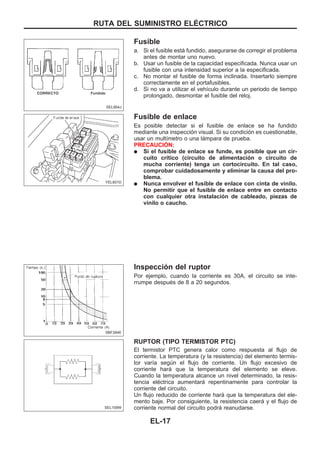 Fusible
a. Si el fusible está fundido, asegurarse de corregir el problema
antes de montar uno nuevo.
b. Usar un fusible de la capacidad especificada. Nunca usar un
fusible con una intensidad superior a la especificada.
c. No montar el fusible de forma inclinada. Insertarlo siempre
correctamente en el portafusibles.
d. Si no va a utilizar el vehículo durante un periodo de tiempo
prolongado, desmontar el fusible del reloj.
Fusible de enlace
Es posible detectar si el fusible de enlace se ha fundido
mediante una inspección visual. Si su condición es cuestionable,
usar un multímetro o una lámpara de prueba.
PRECAUCIOuN:
q Si el fusible de enlace se funde, es posible que un cir-
cuito crítico (circuito de alimentación o circuito de
mucha corriente) tenga un cortocircuito. En tal caso,
comprobar cuidadosamente y eliminar la causa del pro-
blema.
q Nunca envolver el fusible de enlace con cinta de vinilo.
No permitir que el fusible de enlace entre en contacto
con cualquier otra instalación de cableado, piezas de
vinilo o caucho.
Inspección del ruptor
Por ejemplo, cuando la corriente es 30A, el circuito se inte-
rrumpe después de 8 a 20 segundos.
RUPTOR (TIPO TERMISTOR PTC)
El termistor PTC genera calor como respuesta al flujo de
corriente. La temperatura (y la resistencia) del elemento termis-
tor varía según el flujo de corriente. Un flujo excesivo de
corriente hará que la temperatura del elemento se eleve.
Cuando la temperatura alcance un nivel determinado, la resis-
tencia eléctrica aumentará repentinamente para controlar la
corriente del circuito.
Un flujo reducido de corriente hará que la temperatura del ele-
mento baje. Por consiguiente, la resistencia caerá y el flujo de
corriente normal del circuito podrá reanudarse.
SEL954J
YEL601D
SBF284E
SEL109W
RUTA DEL SUMINISTRO ELEuCTRICO
EL-17
 