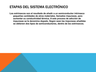ETAPAS DEL SISTEMA ELECTRÓNICO
Los extrínsecos son el resultado de añadir a un semiconductor intrínseco
   pequeñas cantidades de otros materiales, llamados impurezas, para
   aumentar su conductividad térmica. A este proceso de adicción de
   impurezas se le denomina dopado. Según sean las impurezas añadidas
   se obtienen dos tipos de semiconductores, dentro de los extrínsecos.
 