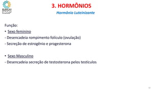 Função:
• Sexo feminino
- Desencadeia rompimento folículo (ovulação)
- Secreção de estrogênio e progesterona
• Sexo Masculino
- Desencadeia secreção de testosterona pelos testículos
3. HORMÔNIOS
Hormônio Luteinizante
42
 