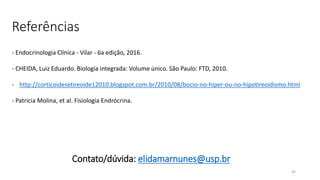 Referências
44
- Endocrinologia Clínica - Vilar - 6a edição, 2016.
- CHEIDA, Luiz Eduardo. Biologia integrada: Volume único. São Paulo: FTD, 2010.
- http://corticoidesetireoide12010.blogspot.com.br/2010/08/bocio-no-hiper-ou-no-hipotireoidismo.html
- Patricia Molina, et al. Fisiologia Endrócrina.
Contato/dúvida: elidamarnunes@usp.br
 