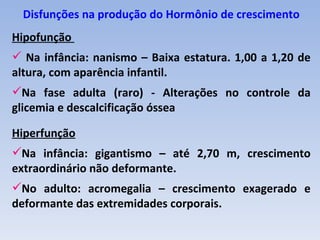 Disfunções na produção do Hormônio de crescimento
Hipofunção
 Na infância: nanismo – Baixa estatura. 1,00 a 1,20 de
altura, com aparência infantil.
Na fase adulta (raro) - Alterações no controle da
glicemia e descalcificação óssea

Hiperfunção
Na infância: gigantismo – até 2,70 m, crescimento
extraordinário não deformante.
No adulto: acromegalia – crescimento exagerado e
deformante das extremidades corporais.
 