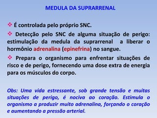 MEDULA DA SUPRARRENAL

 É controlada pelo próprio SNC.
 Detecção pelo SNC de alguma situação de perigo:
estimulação da medula da suprarrenal a liberar o
hormônio adrenalina (epinefrina) no sangue.
 Prepara o organismo para enfrentar situações de
risco e de perigo, fornecendo uma dose extra de energia
para os músculos do corpo.

Obs: Uma vida estressante, sob grande tensão e muitas
situações de perigo, é nociva ao coração. Estimula o
organismo a produzir muito adrenalina, forçando o coração
e aumentando a pressão arterial.
 