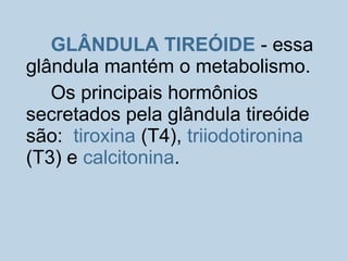 GLÂNDULA TIREÓIDE - essa
glândula mantém o metabolismo.
Os principais hormônios
secretados pela glândula tireóide
são: tiroxina (T4), triiodotironina
(T3) e calcitonina.