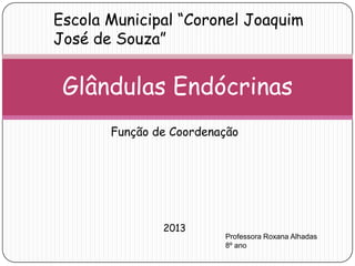 Função de Coordenação
2013
Glândulas Endócrinas
Escola Municipal “Coronel Joaquim
José de Souza”
Professora Roxana Alhadas
8º ano
 