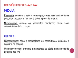 HORMÔNIOS SUPRA-RENAL
MEDULA:
Epinefrina: aumenta o açúcar no sangue; causa vaso constrição na
pele, mas mucosas e nos rins e eleva a pressão arterial.
Neropinefrina: acelera os batimentos cardíacos; causa vaso
constrição em todo o corpo.
CORTEX:
Glicocorticóide: afeta o metabolismo de carboidratos; aumenta o
açúcar o no sangue.
Mineralocorticóide: promove a reabsorção de sódio e a excreção de
potássio nos rins
 