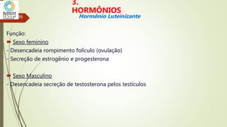 Função:
 Sexo feminino
- Desencadeia rompimento folículo (ovulação)
- Secreção de estrogênio e progesterona
 Sexo Masculino
- Desencadeia secreção de testosterona pelos testículos
36
3.
HORMÔNIOS
Hormônio Luteinizante
 