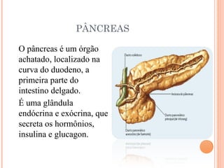 PÂNCREAS

O pâncreas é um órgão
achatado, localizado na
curva do duodeno, a
primeira parte do
intestino delgado.
É uma glândula
endócrina e exócrina, que
secreta os hormônios,
insulina e glucagon.
 