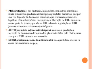    PRL(prolactina): nas mulheres, juntamente com outros hormônios,
    inicia e mantém a produção de leite pelas glândulas mamárias, que por
    sua vez depende do hormônio ocitocina, que é liberado pela neuro-
    hipófise, têm-se hormônios que suprime a liberação de PRL, durante a
    maior parte do tempo, que são os PIH e durante a gestação os PRH
    juntamente com níveis autos de estrógenos.
   ACTH(hormônio adenocorticotrópico): controla a produção e
    secreção de hormônios denominados glicocorticóides pelo córtex, uma
    vez que o CRH estimula sua secreção.
   MSH(hormônio melanócito-estimulante): sua quantidade excessiva
    causa escurecimento de pele.
 