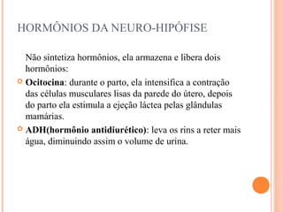 HORMÔNIOS DA NEURO-HIPÓFISE

  Não sintetiza hormônios, ela armazena e libera dois
  hormônios:
 Ocitocina: durante o parto, ela intensifica a contração
  das células musculares lisas da parede do útero, depois
  do parto ela estimula a ejeção láctea pelas glândulas
  mamárias.
 ADH(hormônio antidiurético): leva os rins a reter mais
  água, diminuindo assim o volume de urina.
 