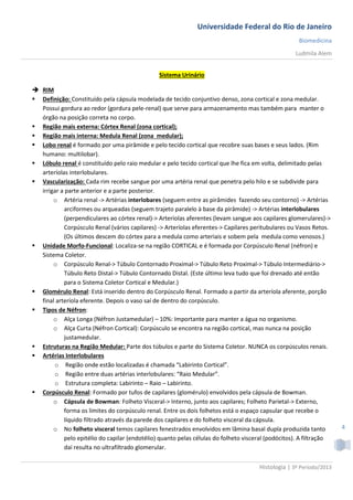 Universidade Federal do Rio de Janeiro
                                                                                                     Biomedicina
                                                                                                    Ludmila Alem


                                                Sistema Urinário

 RIM
 Definição: Constituído pela cápsula modelada de tecido conjuntivo denso, zona cortical e zona medular.
  Possui gordura ao redor (gordura pele-renal) que serve para armazenamento mas também para manter o
  órgão na posição correta no corpo.
 Região mais externa: Córtex Renal (zona cortical);
 Região mais interna: Medula Renal (zona medular);
 Lobo renal é formado por uma pirâmide e pelo tecido cortical que recobre suas bases e seus lados. (Rim
  humano: multilobar).
 Lóbulo renal é constituído pelo raio medular e pelo tecido cortical que lhe fica em volta, delimitado pelas
  arteríolas interlobulares.
 Vascularização: Cada rim recebe sangue por uma artéria renal que penetra pelo hilo e se subdivide para
  irrigar a parte anterior e a parte posterior.
       o Artéria renal -> Artérias interlobares (seguem entre as pirâmides fazendo seu contorno) -> Artérias
           arciformes ou arqueadas (seguem trajeto paralelo à base da pirâmide) -> Artérias interlobulares
           (perpendiculares ao córtex renal)-> Arteríolas aferentes (levam sangue aos capilares glomerulares)->
           Corpúsculo Renal (vários capilares) -> Arteríolas eferentes-> Capilares peritubulares ou Vasos Retos.
           (Os últimos descem do córtex para a medula como arteriais e sobem pela medula como venosos.)
 Unidade Morfo-Funcional: Localiza-se na região CORTICAL e é formada por Corpúsculo Renal (néfron) e
  Sistema Coletor.
       o Corpúsculo Renal-> Túbulo Contornado Proximal-> Túbulo Reto Proximal-> Túbulo Intermediário->
           Túbulo Reto Distal-> Túbulo Contornado Distal. (Este último leva tudo que foi drenado até então
           para o Sistema Coletor Cortical e Medular.)
 Glomérulo Renal: Está inserido dentro do Corpúsculo Renal. Formado a partir da arteríola aferente, porção
  final arteríola eferente. Depois o vaso saí de dentro do corpúsculo.
 Tipos de Néfron:
       o Alça Longa (Néfron Justamedular) – 10%: Importante para manter a água no organismo.
       o Alça Curta (Néfron Cortical): Corpúsculo se encontra na região cortical, mas nunca na posição
           justamedular.
 Estruturas na Região Medular: Parte dos túbulos e parte do Sistema Coletor. NUNCA os corpúsculos renais.
 Artérias Interlobulares
       o Região onde estão localizadas é chamada “Labirinto Cortical”.
       o Região entre duas artérias interlobulares: “Raio Medular”.
       o Estrutura completa: Labirinto – Raio – Labirinto.
 Corpúsculo Renal: Formado por tufos de capilares (glomérulo) envolvidos pela cápsula de Bowman.
       o Cápsula de Bowman: Folheto Visceral-> Interno, junto aos capilares; Folheto Parietal-> Externo,
           forma os limites do corpúsculo renal. Entre os dois folhetos está o espaço capsular que recebe o
           líquido filtrado através da parede dos capilares e do folheto visceral da cápsula.
       o No folheto visceral temos capilares fenestrados envolvidos em lâmina basal dupla produzida tanto            4
           pelo epitélio do capilar (endotélio) quanto pelas células do folheto visceral (podócitos). A filtração
           daí resulta no ultrafiltrado glomerular.


                                                                                      Histologia | 3º Período/2013
 