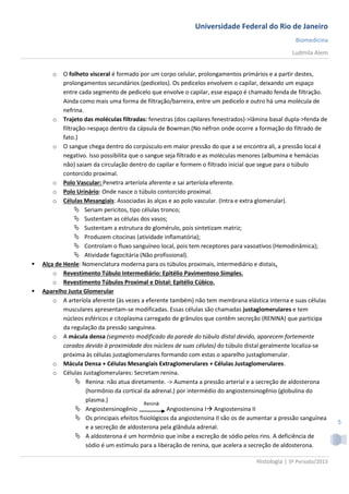 Universidade Federal do Rio de Janeiro
                                                                                                    Biomedicina
                                                                                                   Ludmila Alem


        o   O folheto visceral é formado por um corpo celular, prolongamentos primários e a partir destes,
            prolongamentos secundários (pedicelos). Os pedicelos envolvem o capilar, deixando um espaço
            entre cada segmento de pedicelo que envolve o capilar, esse espaço é chamado fenda de filtração.
            Ainda como mais uma forma de filtração/barreira, entre um pedicelo e outro há uma molécula de
            nefrina.
        o Trajeto das moléculas filtradas: fenestras (dos capilares fenestrados)->lâmina basal dupla->fenda de
            filtração->espaço dentro da cápsula de Bowman.(No néfron onde ocorre a formação do filtrado de
            fato.)
        o O sangue chega dentro do corpúsculo em maior pressão do que a se encontra ali, a pressão local é
            negativo. Isso possibilita que o sangue seja filtrado e as moléculas menores (albumina e hemácias
            não) saiam da circulação dentro do capilar e formem o filtrado inicial que segue para o túbulo
            contorcido proximal.
        o Polo Vascular: Penetra arteríola aferente e sai arteríola eferente.
        o Polo Urinário: Onde nasce o túbulo contorcido proximal.
        o Células Mesangiais: Associadas às alças e ao polo vascular. (Intra e extra glomerular).
                  Seriam pericitos, tipo células tronco;
                  Sustentam as células dos vasos;
                  Sustentam a estrutura do glomérulo, pois sintetizam matriz;
                  Produzem citocinas (atividade inflamatória);
                  Controlam o fluxo sanguíneo local, pois tem receptores para vasoativos (Hemodinâmica);
                  Atividade fagocitária (Não profissional).
   Alça de Henle: Nomenclatura moderna para os túbulos proximais, intermediário e distais.
        o Revestimento Túbulo Intermediário: Epitélio Pavimentoso Simples.
        o Revestimento Túbulos Proximal e Distal: Epitélio Cúbico.
   Aparelho Justa Glomerular
        o A arteríola aferente (às vezes a eferente também) não tem membrana elástica interna e suas células
            musculares apresentam-se modificadas. Essas células são chamadas justaglomerulares e tem
            núcleos esféricos e citoplasma carregado de grânulos que contêm secreção (RENINA) que participa
            da regulação da pressão sanguínea.
        o A mácula densa (segmento modificado da parede do túbulo distal devido, aparecem fortemente
            corados devido à proximidade dos núcleos de suas células) do túbulo distal geralmente localiza-se
            próxima às células justaglomerulares formando com estas o aparelho justaglomerular.
        o Mácula Densa + Células Mesangiais Extraglomerulares + Células Justaglomerulares.
        o Células Justaglomerulares: Secretam renina.
                   Renina: não atua diretamente. -> Aumenta a pressão arterial e a secreção de aldosterona
                     (hormônio da cortical da adrenal.) por intermédio do angiostensinogênio (globulina do
                     plasma.)
                                            Renina
                   Angiostensinogênio               Angiostensina I Angiostensina II
                   Os principais efeitos fisiológicos da angiostensina II são os de aumentar a pressão sanguínea
                                                                                                                    5
                     e a secreção de aldosterona pela glândula adrenal.
                   A aldosterona é um hormônio que inibe a excreção de sódio pelos rins. A deficiência de
                     sódio é um estímulo para a liberação de renina, que acelera a secreção de aldosterona.

                                                                                     Histologia | 3º Período/2013
 