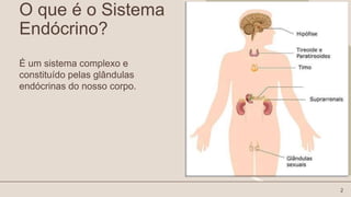 O que é o Sistema
Endócrino?
É um sistema complexo e
constituído pelas glândulas
endócrinas do nosso corpo.
2
 