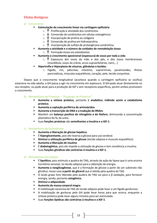 13
Efeitos Biológicos
a) Crescimento
 Estimulação do crescimento linear via cartilagem epifisiária
o Proliferação e atividade dos condrócitos
o Conversão de condrócitos em células osteogênicas
o Incorporação de prolina ao colágeno
o Conversão de prolina em hidroxiprolina
o Incorporação de sulfato de proteoglicana condroitina
 Aumenta a atividade e o número de unidades de remodelação óssea
o Formação óssea via osteoblastos
 Aumenta o crescimento aposicional (espessura) de ossos por toda a vida
o Espessura dos ossos da mão e dos pés, e dos ossos membranosos
(mandíbula, ossos do crânio, arcos supraorbitários, nariz,...)
 Hipertrofia e Hiperplasia de vísceras, glândulas e tecidos.
o Fígado, rim, pâncreas, intestino, suprarrenais, paratireoides, ilhotas
pancreáticas, músculos esqueléticos, coração, pele, tecido conjuntivo.
Depois que o crescimento longitudinal (acontece quando a cartilagem epifisiária se ossifica)
estaciona na vida adulta, o GH passa a agir no crescimento em espessura. O GH pode atuar diretamente no
seu receptor, ou pode atuar para a produção de IGF’s sem receptores específicos, porém ambos promovem
o crescimento.
b) Metabolismo de Proteínas – “Poupador de Proteínas”
 Aumenta a síntese proteica, portanto é anabólico, inibindo assim o catabolismo
proteico.
 Aumenta a captação periférica de aminoácidos.
 Aumenta a transcrição de DNA e a tradução de RNAm.
 Mantém um balanço positivo do nitrogênio e do fósforo, diminuindo a concentração
plasmática do N2 da uréia.
 Suas funções proteicas são semelhantes a insulina e a IGF-1.
c) Metabolismo de Carboidratos
 Aumenta a liberação de glicose hepática.
 É hiperglicemiante, pois ele reserva a glicose para uso cerebral.
 Diminui a utilização periférica de glicose (tecido adiposo e musculo esquelético)
 Aumenta a liberação de insulina
 É diabetogênico, pois ele impede a utilização da glicose e tem resistência a insulina.
 Suas funções glicídicas são contrárias à insulina e a IGF-1.
d) Metabolismo de Lipídeos
 É lipolítico, pois estimula a quebra do TAG, através da ação da lipase que é uma enzima
hormônio-sensível, no tecido adiposo para a obtenção de energia.
 Aumenta a neoglicogênese, que é a formação de glicose a partir de um substrato não
glicídico, nesse caso a partir do glicerol que é obtido pela quebra do TAG.
 O ácido graxo livre liberado pela quebra do TAG vai para a β oxidação, para fornecer
energia, sendo, portanto cetogênico.
 Diminui a adiposidade.
 Aumento da massa corporal magra.
 A mobilização excessiva de TAG do tecido adiposo pode levar a um fígado gorduroso.
 A mobilização de gorduras pelo GH pode levar horas para que ocorra, enquanto a
síntese proteica pode levar alguns minutos para ser estimulada.
 Suas funções lipídicas são contrárias à insulina e a IGF-1.
 