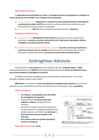 31
Regulação da Secreção
É independente da estimulação do cortisol. O principal mecanismo de regulação é as variações no
volume do LEC por meio do SRRA e por variações séricas de potássio.
a) Fatores Estimulatórios: Angiotensina II, aumento da concentração de potássio, diminuição da
concentração de sódio e o ACTH (que estimula a colesterol desmolase, a enzima inicial da
biossíntese dos hormônios adrenais e esteróides).
b) Fatores Inibitórios: PNA (liberado no aumento da pressão arterial) e a dopamina.
Patologias da Aldosterona
a) Síndrome de Conn: Hiperaldosteronismo primário causado por um tumor secretante de
aldosterona, causando um volume aumentado do LEC, hipertensão, hipocalemia, alcalose
metabólica e aumento da pressão arterial.
b) Síndrome do Excesso Aparente de Mineralocorticóide: É quando a enzima que transforma o
cortisol em cortisona nos rins é inibida, fazendo com que o cortisol possa atuar de forma
semelhante à ação da aldosterona, causando uma maior ação mineralocortidiana.
Androgenios Adrenais
São produzidos na zona reticular do córtex medular e são eles a androstenediona, a DHEA
(desidroepiandrosterona) e a DHEAS (Sulfato de desidroepiandrosterona). Servem principalmente para
serem transformados em androgênios na periferia.
O DHEAS é o hormônio androgênio adrenal mais abundante no adulto-jovem, e tem maior
afinidade de ligação à albumina que a DHEA.
Adrenarca: Corresponde ao início de produção de androgênios pelas adrenais, que ocorre por
volta dos seis anos. Geralmente ocorre antes da maturação do eixo gonadal, ou seja, da gonadarca.
Efeitos Biológicos
o Em mulheres, correspondem cerca de 50-60%
dos androgênios do organismo.
o Responsável pelo crescimento dos pêlos
pubianos e axilares, principalmente nas
mulheres.
o Nos homens, possuem uma menor importância
em decorrência dos androgênios produzidos pela
gônada masculina, entretanto eles estimulam o
desenvolvimento precoce do pênis e dos
testículos.
o Nas mulheres ainda tem grande importância
durante a menopausa.
Regulação da Secreção: ACTH.
 