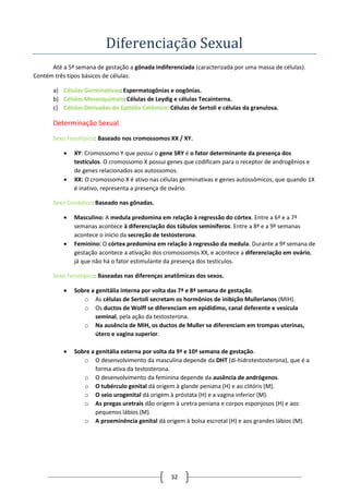 32
Diferenciaçao Sexual
Até a 5ª semana de gestação a gônada indiferenciada (caracterizada por uma massa de células).
Contém três tipos básicos de células:
a) Células Germinativas: Espermatogônias e oogônias.
b) Células Mesenquimais: Células de Leydig e células Tecainterna.
c) Células Derivadas do Epitélio Celômico: Células de Sertoli e células da granulosa.
Determinação Sexual
Sexo Fenotípico: Baseado nos cromossomos XX / XY.
 XY: Cromossomo Y que possui o gene SRY é o fator determinante da presença dos
testículos. O cromossomo X possui genes que codificam para o receptor de androgênios e
de genes relacionados aos autossomos.
 XX: O cromossomo X é ativo nas células germinativas e genes autossômicos, que quando 1X
é inativo, representa a presença de ovário.
Sexo Gonádico: Baseado nas gônadas.
 Masculino: A medula predomina em relação à regressão do córtex. Entre a 6ª e a 7ª
semanas acontece à diferenciação dos túbulos seminíferos. Entre a 8ª e a 9ª semanas
acontece o inicio da secreção de testosterona.
 Feminino: O córtex predomina em relação à regressão da medula. Durante a 9ª semana de
gestação acontece a ativação dos cromossomos XX, e acontece a diferenciação em ovário,
já que não há o fator estimulante da presença dos testículos.
Sexo Fenotípico: Baseadas nas diferenças anatômicas dos sexos.
 Sobre a genitália interna por volta das 7ª e 8ª semana de gestação.
o As células de Sertoli secretam os hormônios de inibição Mullerianos (MIH).
o Os ductos de Wolff se diferenciam em epidídimo, canal deferente e vesícula
seminal, pela ação da testosterona.
o Na ausência de MIH, os ductos de Muller se diferenciam em trompas uterinas,
útero e vagina superior.
 Sobre a genitália externa por volta da 9ª e 10ª semana de gestação.
o O desenvolvimento da masculina depende da DHT (di-hidrotestosterona), que é a
forma ativa da testosterona.
o O desenvolvimento da feminina depende da ausência de andrógenos.
o O tubérculo genital dá origem à glande peniana (H) e ao clitóris (M).
o O seio urogenital dá origem à próstata (H) e a vagina inferior (M).
o As pregas uretrais dão origem à uretra peniana e corpos esponjosos (H) e aos
pequenos lábios (M).
o A proeminência genital dá origem à bolsa escrotal (H) e aos grandes lábios (M).
 