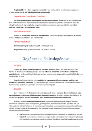 41
A ação de E2 > E1 > E3. A progesterona também tem um hormônio semelhante menos ativo, a
17OH progesterona. A DHT não é passível de aromatização.
Degradação e Excreção dos Esteróides
São derivados sulfatados e conjugados com o ácido glicurônico. A degradação dos estrogênios é
dada em hidroxiestradiol, metoxiestradiol, hidroxiestrona e estriol (na gravidez corresponde a 1/3 dos
estrogênios livres). A degradação das progestinas dá como resultado as pregnanediol. A excreção é
realizada 1/5 na bile e o restante pela urina.
Mecanismo de Ação
Através de um receptor nuclear de ação genômica, que realiza a codificação de genes, e também
possui o modelo não genômico que é localmente.
Formas Plasmáticas
Estradiol: 60% ligada à albumina, 38% à SHBG e 2% livre.
Progesterona: 80% ligada à albumina, 18% à CBG e 2% livre.
Oogenese e Foliculogenese
Estágio I
Este estágio ocorre paralelamente com a prófase do oócito. Nesta fase é encontrado o grau
máximo de desenvolvimento no ovário pré-púbere. O folículo primordial se transforma em folículo
secundário, este fenômeno é local não tendo nenhum envolvimento das gonadotrofinas (LH/FSH). Dura em
torno de 13 a 50 anos.
Quando o oócito primário cresce, as células da granulosa proliferam e nutrem o oócito com
nutrientes e hormônios esteróides. Durante esse estagio o folículo primário e as células da teca interna se
desenvolvem e as células da granulosa começam a secretar líquido.
Estágio II
Dura em torno de 70-85 dias normalmente observado após a menarca. Ocorre no inicio de cada
fase lútea de um ciclo menstrual e termina em dois ciclos seguintes. Acontece com um recrutamento de
um pequeno grupo de folículos secundários até o desenvolvimento em folículos de Graaf.
Acontece então o desenvolvimento do antro: Composto por mucopolissacarídeos, proteínas
plasmáticas, eletrólitos, glicosaminoglicanos, proteoglicanos, hormônios esteróides gonadais, FSH, LH,
inibina, ativina, folistatina, fatores de crescimento, entre outros. Aparece, portanto, o cumulus oophorus e
culmina com a organização da teca interna. Durante esse estágio vários hormônios regulam os diversos
acontecimentos ali realizados:
 FSH: Estimula a proliferação das células da granulosa e o aumento do diâmetro do folículo.
 Estradiol: Aumenta seus receptores, receptores dos fatores de crescimento e receptores de
FSH nas células da granulosa, condiciona o eixo hipotálamo-hipofisiário-ovário aumentando
 