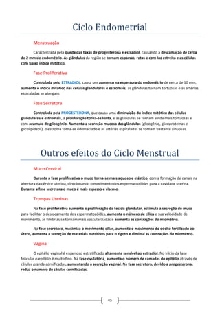 45
Ciclo Endometrial
Menstruação
Caracterizada pela queda das taxas de progesterona e estradiol, causando a descamação de cerca
de 2 mm de endométrio. As glândulas da região se tornam esparsas, retas e com luz estreita e as células
com baixo índice mitótico.
Fase Proliferativa
Controlada pelo ESTRADIOL, causa um aumento na espessura do endométrio de cerca de 10 mm,
aumenta o índice mitótico nas células glandulares e estromais, as glândulas tornam tortuosas e as artérias
espiraladas se alongam.
Fase Secretora
Controlada pela PROGESTERONA, que causa uma diminuição do índice mitótico das células
glandulares e estromais, a proliferação torna-se lenta, e as glândulas se tornam ainda mais tortuosas e
com acumulo de glicogênio. Aumenta a secreção mucosa das glândulas (glicogênio, glicoproteínas e
glicolipideos), o estroma torna-se edemaciado e as artérias espiraladas se tornam bastante sinuosas.
Outros efeitos do Ciclo Menstrual
Muco Cervical
Durante a fase proliferativa o muco torna-se mais aquoso e elástico, com a formação de canais na
abertura da cérvice uterina, direcionando o movimento dos espermatozóides para a cavidade uterina.
Durante a fase secretora o muco é mais espesso e viscoso.
Trompas Uterinas
Na fase proliferativa aumenta a proliferação do tecido glandular, estimula a secreção de muco
para facilitar o deslocamento dos espermatozóides, aumenta o número de cílios e sua velocidade de
movimento, as fimbrias se tornam mais vascularizadas e aumenta as contrações do miométrio.
Na fase secretora, maximiza o movimento ciliar, aumenta o movimento do oócito fertilizado ao
útero, aumenta a secreção de materiais nutritivos para o zigoto e diminui as contrações do miométrio.
Vagina
O epitélio vaginal é escamoso estratificado altamente sensível ao estradiol. No início da fase
folicular o epitélio é muito fino. Na fase ovulatória, aumenta o número de camadas do epitélio através de
células grande cornificadas, aumentando a secreção vaginal. Na fase secretora, devido a progesterona,
reduz o numero de células cornificadas.
 