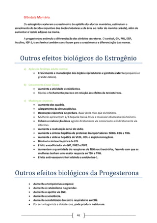 46
Glândula Mamária
Os estrogênios aceleram o crescimento do epitélio dos ductos mamários, estimulam o
crescimento do tecido conjuntivo dos ductos lobulares e da área ao redor do mamilo (aréola), além de
aumentar o tecido adiposo na mama.
A progesterona estimula a diferenciação dos alvéolos secretores. O cortisol, GH, PRL, EGF,
insulina, IGF-1, transferrina também contribuem para o crescimento e diferenciação das mamas.
Outros efeitos biologicos do Estrogenio
a) Ações no fenótipo adulto normal.
 Crescimento e manutenção dos órgãos reprodutores e genitália externa (pequenos e
grandes lábios).
b) Crescimento Linear Ósseo
 Aumenta a atividade osteoblástica.
 Realiza o fechamento precoce em relação aos efeitos da testosterona.
c) Mudanças corporais.
 Aumento dos quadris.
 Alargamento da cintura pélvica.
 Deposição especifica de gordura, duas vezes mais que os homens.
 Mulheres apresentam 2/3 daquela massa óssea e muscular observada nos homens.
 Inibem a reabsorção óssea agindo diretamente via osteoclastos e indiretamente via
citocinas.
 Aumenta a reabsorção renal de sódio.
 Aumenta a síntese hepática de proteínas transportadoras: SHBG, CBG e TBG.
 Aumenta s síntese hepática de VLDL, HDL e angiotensinogênio.
 Diminui a síntese hepática de LDL.
 Efeito vasodilatador via NO, PGE2 e PGI2.
 Aumentam a quantidade de receptores de TRH nos tireotrófos, fazendo com que as
mulheres tenham uma maior resposta ao TSH e TRH.
 Efeito anti-vasoconstritor inibindo a endotelina-1.
Outros efeitos biologicos da Progesterona
 Aumenta a temperatura corporal.
 Aumenta o catabolismo na gravidez.
 Aumenta o apetite via SNC.
 Aumenta a sonolência.
 Aumenta sensibilidade do centro respiratório ao CO2.
 Por ser antagonista a aldosterona, pode produzir natriurese.
 