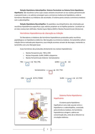 7
Relação Hipotálamo-Adenohipófise: Sistema Parvicelular ou Sistema Porta Hipotálamo-
Hipofisiario. São neurônios curtos cujos corpos celulares encontram-se nos núcleos periventricular
e paraventricular, e os axônios convergem para a eminencia mediana do hipotálamo, onde os
hormônios liberadores ou inibidores são secretados. O sistema porta conecta a eminencia mediana
com a adenohipófise.
Relação Hipotálamo-Neurohipófise: Os peptídeos neurohipofisiários são sintetizados por
neurônios hipotalâmicos específicos cujos axônios projetam-se na hipófise posterior. Localizam-se
em dois núcleos bem definidos: Núcleo Supra-Óptico (ADH) e Núcleo Paraventricular (Ocitocina).
Hormônios Hipotalâmicos de Liberação ou Inibição
Os liberadores e inibidores são hormônios hipotalâmicos produzidos pelos neurônios
peptidérgicos no hipotálamo endócrino. São lançados na eminencia mediana. Os lactotrófos sofrem
inibição tônica realizada pela dopamina, essa inibição acontece através de descargas, mantendo os
lactotrófos com uma liberação basal.
Esses hormônios são produzidos diretamente nos núcleos hipotalâmicos:
o Núcleo Paraventricular: TRH e CRH
o Núcleo Arqueado: GnRH, GHRH e dopamina
o Núcleo Periventricular Anterior: Somatostatina
TRH TSH / PRL GHRH GH
Somatostatina GH / TSH
CRH ACTH / POMC GnRH LH / FSH
Sistema Porta Hipotálamo-
Hipofisiário
O sistema porta hipotálamo-
hipofisiário é uma rede vascular entre o
hipotálamo e a adenohipófise, conectado
pela eminência mediana. Os hormônios
hipotalâmicos atingem a adeno em
concentração alta, antes de se diluírem na
circulação sistêmica.
+ +
+ +
-
 