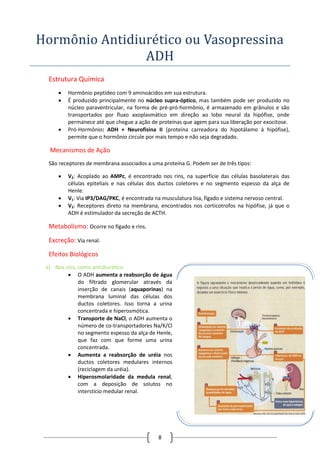 8
Hormonio Antidiuretico ou Vasopressina
ADH
Estrutura Química
 Hormônio peptídeo com 9 aminoácidos em sua estrutura.
 É produzido principalmente no núcleo supra-óptico, mas também pode ser produzido no
núcleo paraventricular, na forma de pré-pró-hormônio, é armazenado em grânulos e são
transportados por fluxo axoplasmático em direção ao lobo neural da hipófise, onde
permanece até que chegue a ação de proteínas que agem para sua liberação por exocitose.
 Pró-Hormônio: ADH + Neurofisina II (proteína carreadora do hipotálamo à hipófise),
permite que o hormônio circule por mais tempo e não seja degradado.
Mecanismos de Ação
São receptores de membrana associados a uma proteína G. Podem ser de três tipos:
 V2: Acoplado ao AMPc, é encontrado nos rins, na superfície das células basolaterais das
células epiteliais e nas células dos ductos coletores e no segmento espesso da alça de
Henle.
 V1: Via IP3/DAG/PKC, é encontrada na musculatura lisa, fígado e sistema nervoso central.
 V3: Receptores direto na membrana, encontrados nos corticotrofos na hipófise, já que o
ADH é estimulador da secreção de ACTH.
Metabolismo: Ocorre no fígado e rins.
Excreção: Via renal.
Efeitos Biológicos
a) Nos rins, como antidiurético.
 O ADH aumenta a reabsorção de água
do filtrado glomerular através da
inserção de canais (aquaporinas) na
membrana luminal das células dos
ductos coletores. Isso torna a urina
concentrada e hiperosmótica.
 Transporte de NaCl, o ADH aumenta o
número de co-transportadores Na/K/Cl
no segmento espesso da alça de Henle,
que faz com que forme uma urina
concentrada.
 Aumenta a reabsorção de uréia nos
ductos coletores medulares internos
(reciclagem da uréia).
 Hiperosmolaridade da medula renal,
com a deposição de solutos no
interstício medular renal.
 