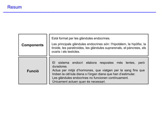 Resum Components Funció Està format per les glàndules endocrines. Les principals glàndules endocrines són: l’hipotàlem, la hipòfisi, la tiroide, les paratiroides, les glàndules suprarenals, el pàncrees, els ovaris i els testicles. El sistema endocrí elabora respostes més lentes, però duradores. Actua per mitjà d’hormones, que viatgen per la sang fins que troben la cèl·lula diana o l’òrgan diana que han d’estimular. Les glàndules endocrines no funcionen contínuament. Únicament actuen quan és necessari. 