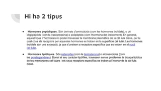 Hi ha 2 tipus
● Hormones peptídiques. Són derivats d'aminoàcids (com les hormones tiroïdals), o bé
oligopeptids (com la vasopressina) o polipèptids (com l'hormona del creixement). En general,
aquest tipus d'hormones no poden travessar la membrana plasmàtica de la cèl·lula diana, per la
qual cosa els receptors per aquestes hormones es troben en la superfície cel·lular. Les hormones
tiroïdals són una excepció, ja que s'uneixen a receptors específics que es troben en el nucli
cel·lular.
● Hormones lipídiques. Són esteroides (com la testosterona) o eicosanoides (com
les prostaglandines). Donat el seu caràcter lipòfiles, travessen sense problemes la bicapa lipídica
de les membranes cel·lulars i els seus receptors específics es troben a l'interior de la cèl·lula
diana.
 
