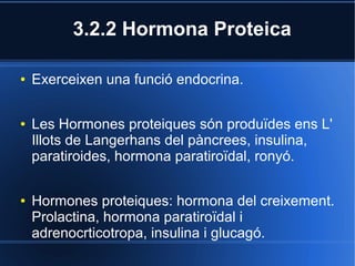 3.2.2 Hormona Proteica

●   Exerceixen una funció endocrina.

●   Les Hormones proteiques són produïdes ens L'
    Illots de Langerhans del pàncrees, insulina,
    paratiroides, hormona paratiroïdal, ronyó.

●   Hormones proteiques: hormona del creixement.
    Prolactina, hormona paratiroïdal i
    adrenocrticotropa, insulina i glucagó.
 