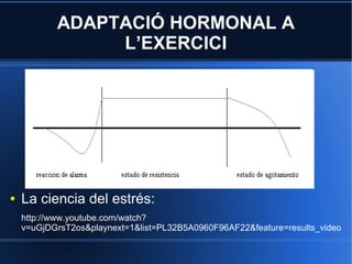 ADAPTACIÓ HORMONAL A
                L’EXERCICI




●   La ciencia del estrés:
    http://www.youtube.com/watch?
    v=uGjDGrsT2os&playnext=1&list=PL32B5A0960F96AF22&feature=results_video
 